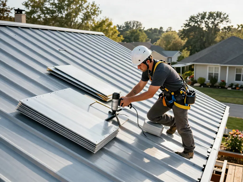 Skilled contractor working on an M Roof installation, showcasing quality metal roofing.